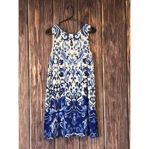 Lauren Ralph Lauren Dress Womens 16P Blue White Scroll Print Sleeveless Knee